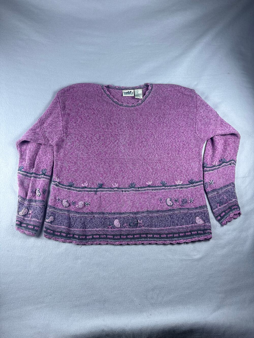 Vintage Northern Reflections Sweater Womens XL Purple Floral Embroidered Cottage